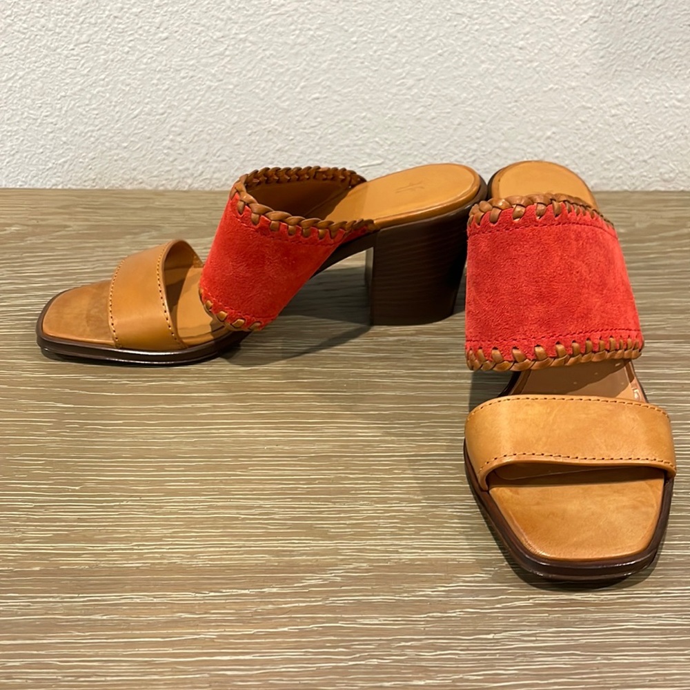 Frye Ashley Mule Red Suede Tan Shoe Like New Size 7 1/2